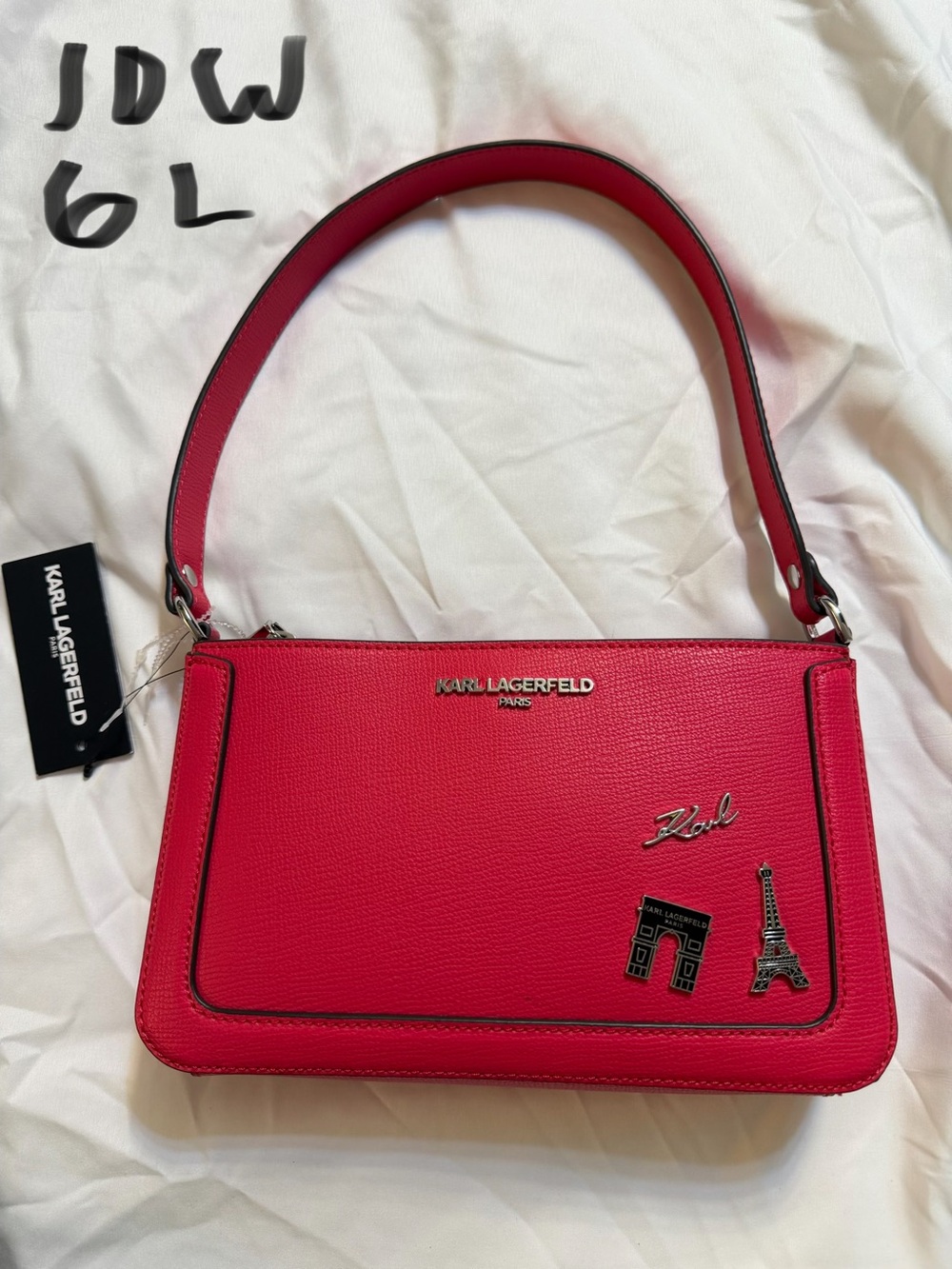 Karl Lagerfeld Hot Pink Saffiano Shoulder Bag with Paris Charms